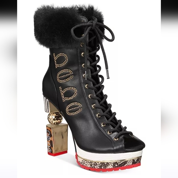 Bebe Y2k Black and Gold Lace Up Boots with Chunky Heel - Picture 1 of 10
